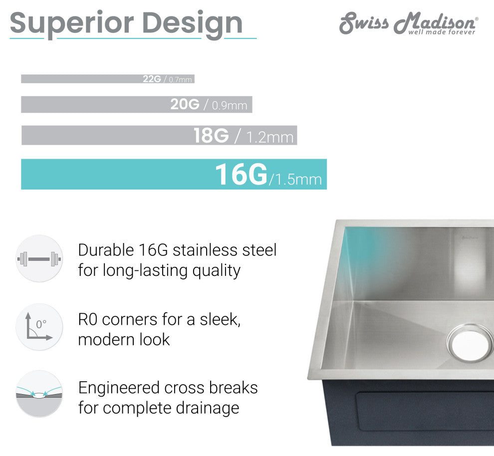 Plaisir 14x18 Stainless Steel, Single Basin, Undermount Kitchen Sink