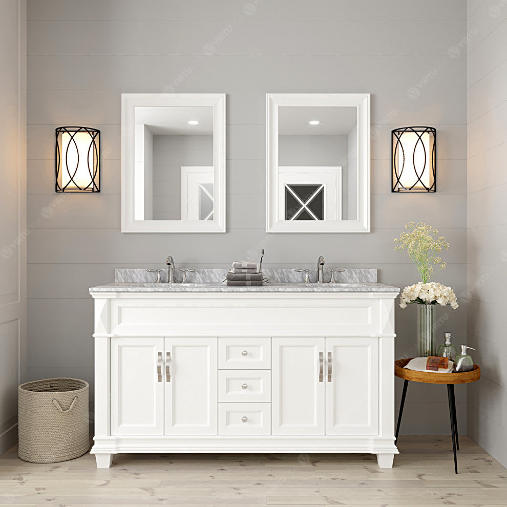 Virtu Victoria 60" Double Bathroom Vanity, White With Faucet and Mirrors