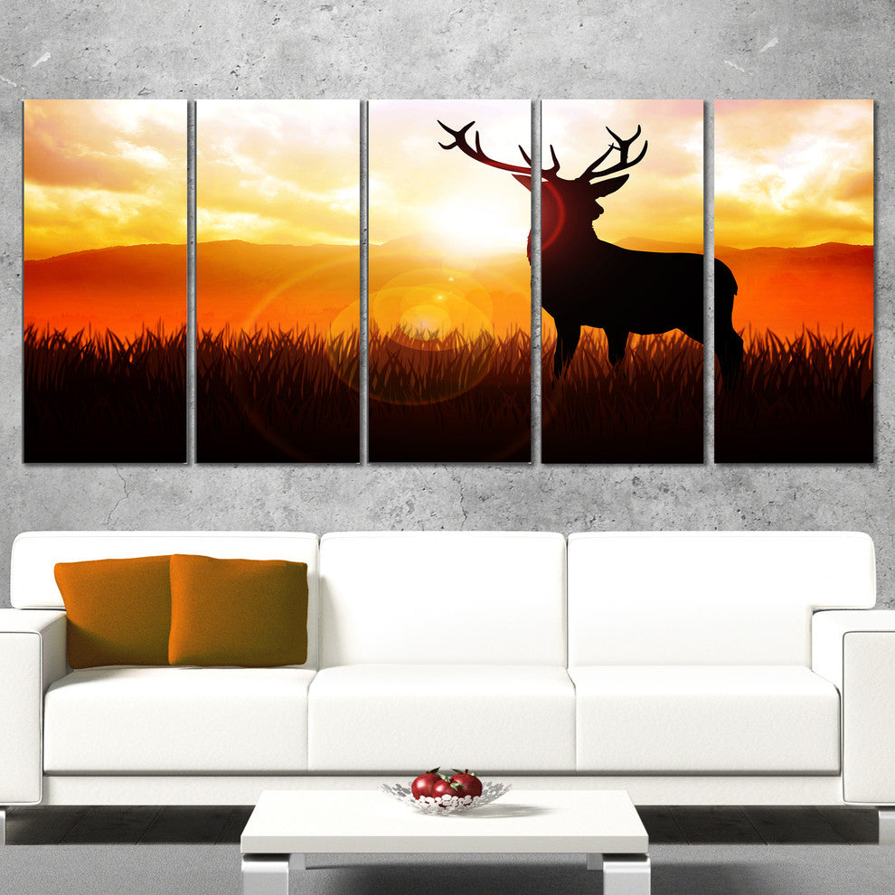 Deer on Meadow During Sunrise, Animal Canvas Art Print, 60"x28", 5 Panels