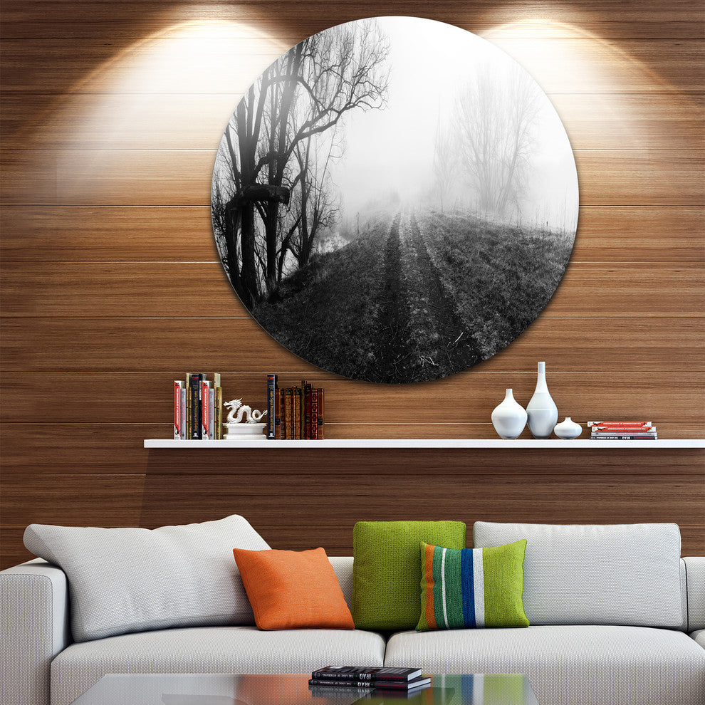 Black And White Misty Landscape Panorama, Landscape Round Wall Art, 23"