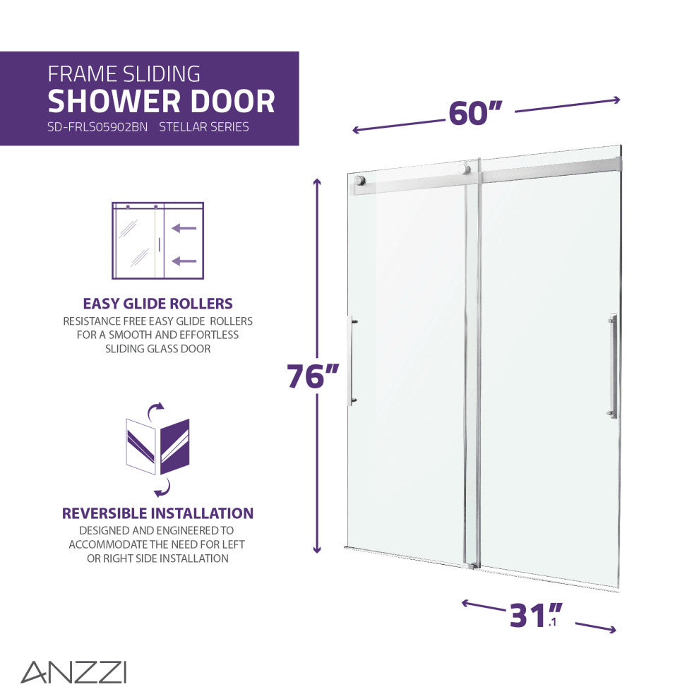 ANZZI Stellar 76" H Frameless Sliding Shower Door, Brushed Nickel, 60" W