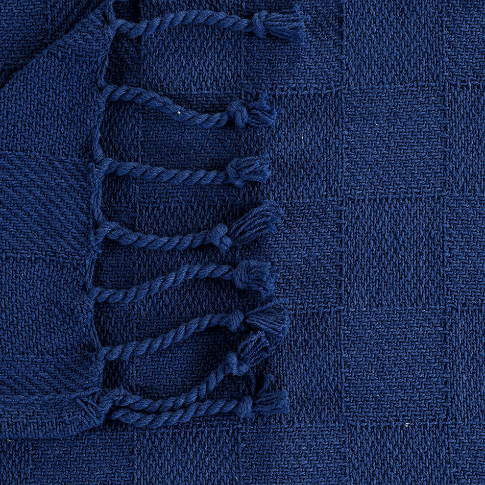 Checkered Weave Throw Blanket with Fringe, Navy Blue
