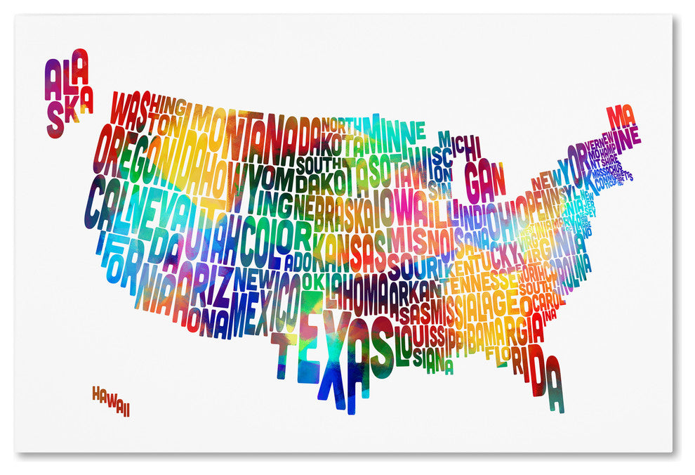 "United States Typography Text Map 2" Canvas Art by Michael Tompsett