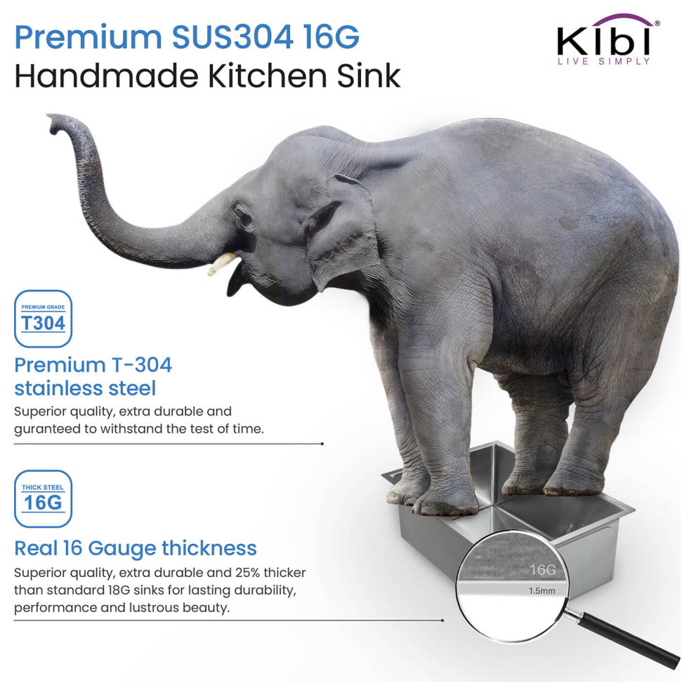 Handcrafted Undermount Single Bowl 16 Gauge Stainless Steel Kitchen Sink, 14"