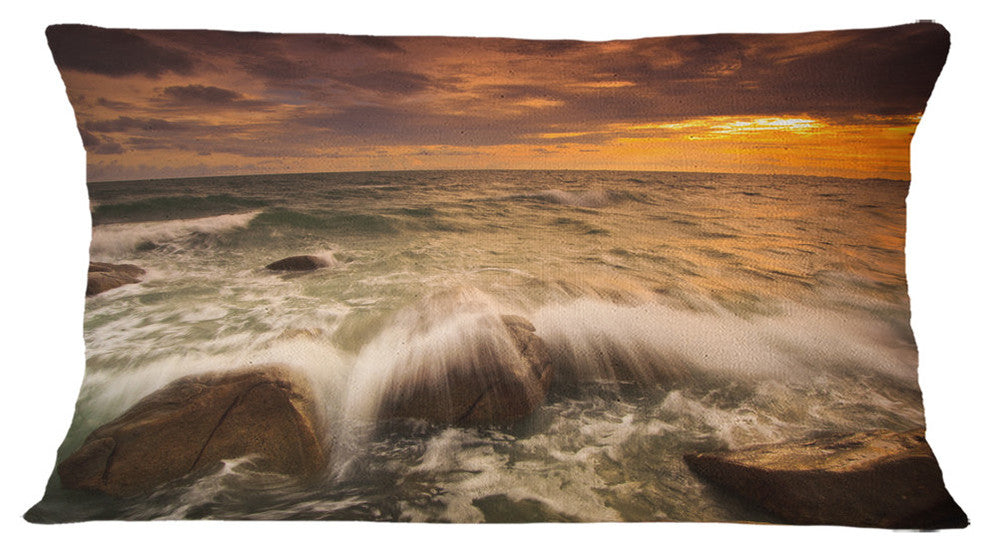 Rushing Ocean Waves into Rocks Seascape Throw Pillow, 12"x20"