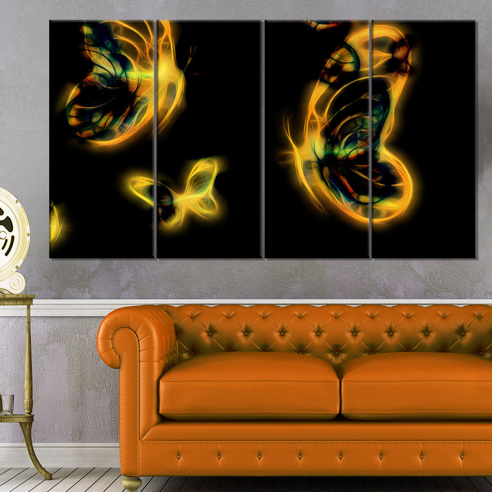 Yellow Fractal Butterflies on Black, Floral Canvas Art Print, 48"x28", 4 Panels
