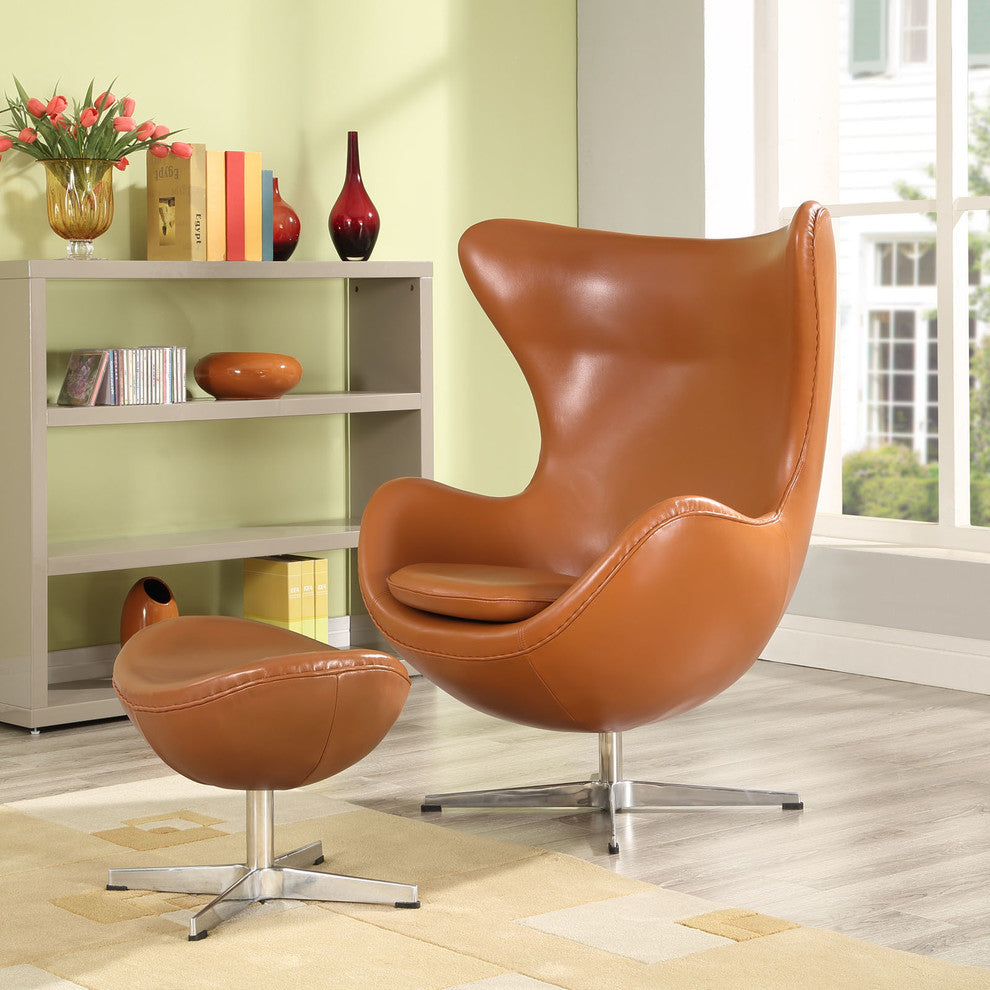 Modern Contemporary Living Room Leather Lounge Chair and Ottoman Terracotta