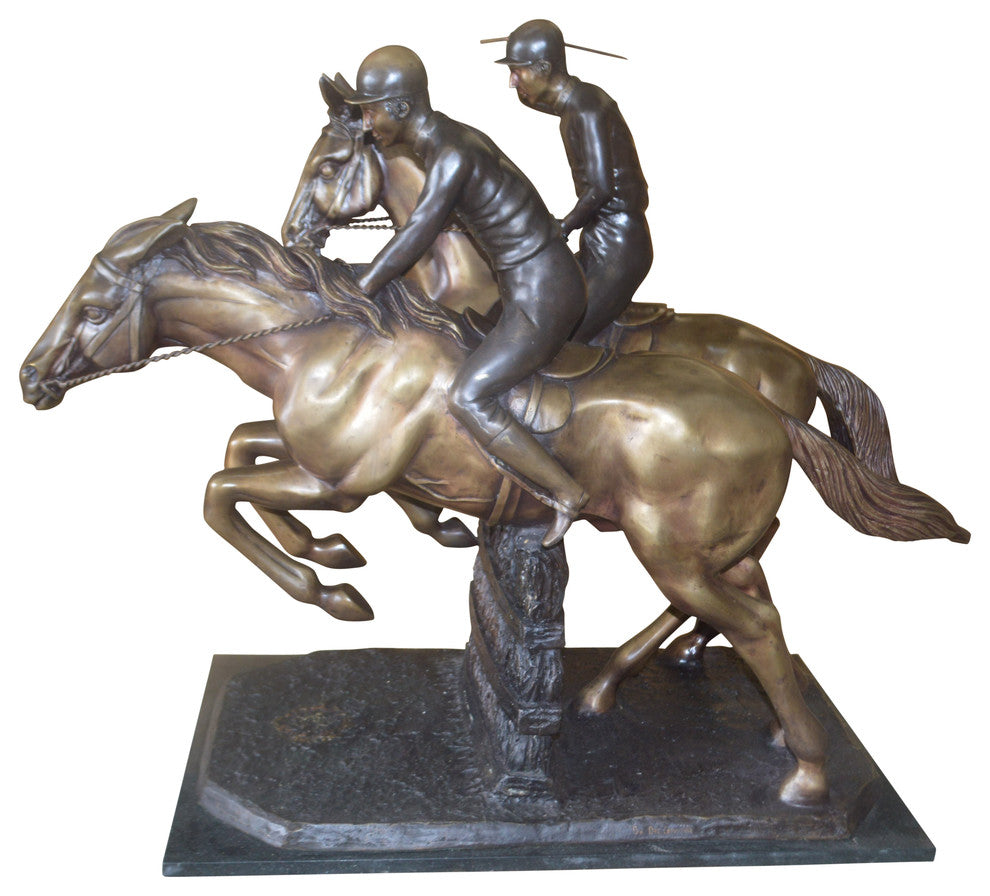 Two Horse Riders Racing Each Other Bronze Statue -  Size: 45"L x 21"W x 42"H.