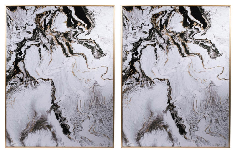 Set of 2 Ultra Modern White Black and Gold Marblized Wall Art