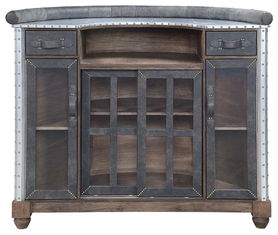 Top Grain Leather Bar Table With 2 Doors and 2 Drawers