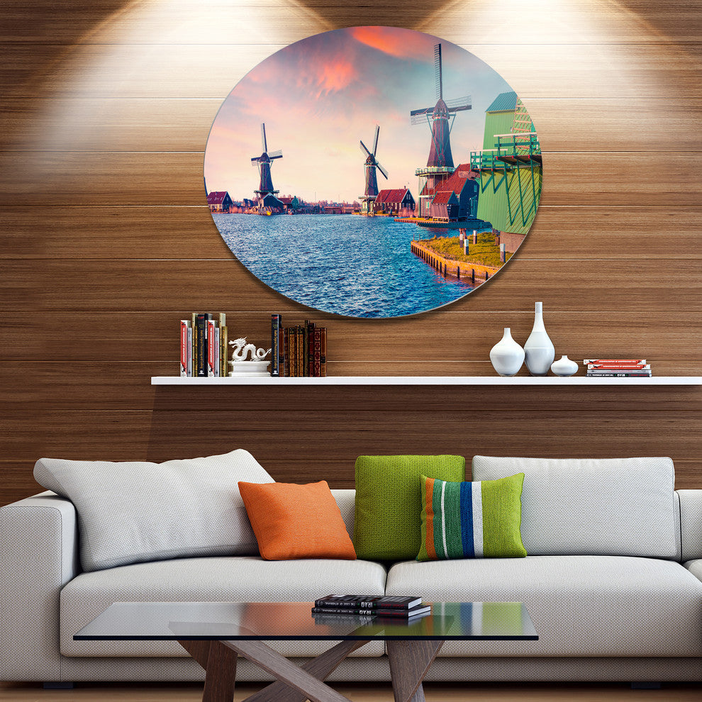 Zaandam Mills On Water Channel, Landscape Art Disc Metal Wall Art, 23"