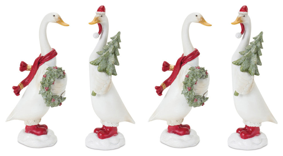 Holiday Goose Figurine With Wreath and Tree Accent, 2-Piece Set