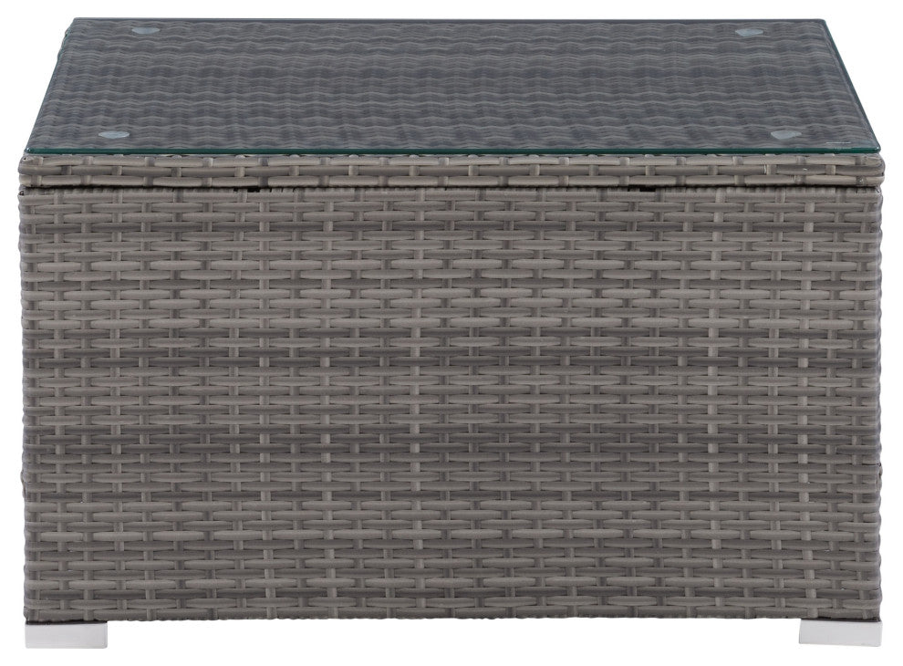 CorLiving Parksville Gray Wicker / Rattan Square Patio Coffee Table w/ Glass Top
