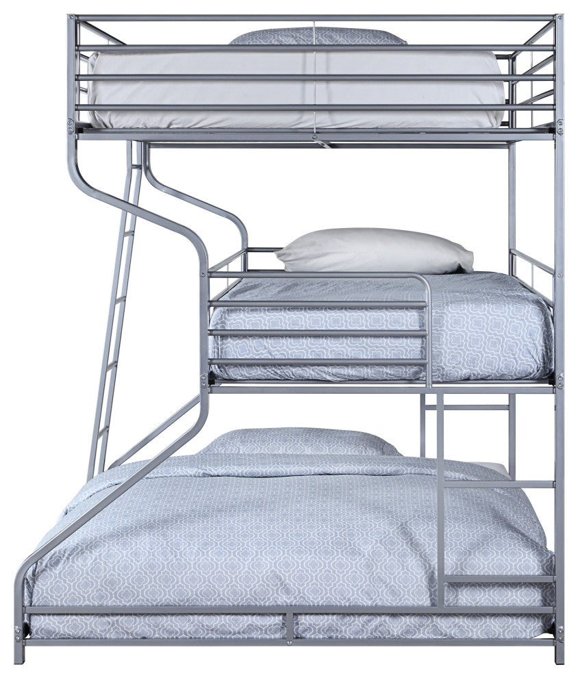 Benzara BM214895 3 Tier Bunk Bed With Curved Metal Frame and Guardrails, Silver