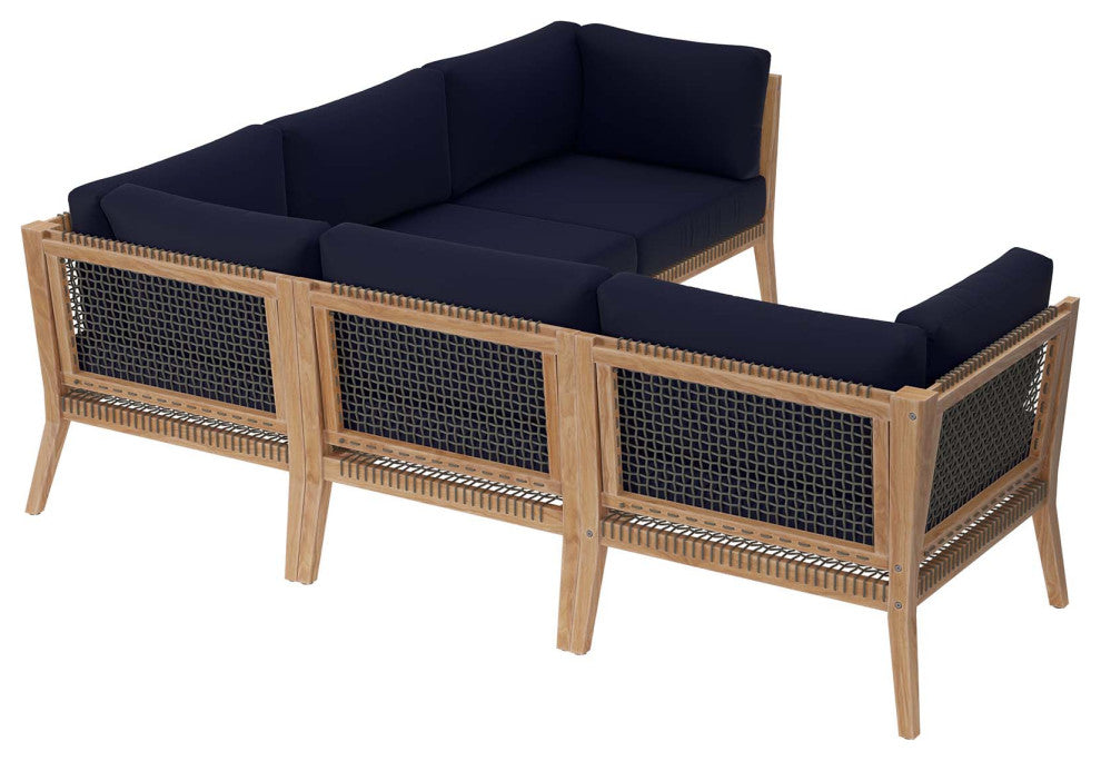 Clearwater Outdoor Patio Teak Wood 5-Piece Sectional Sofa, Gray Navy