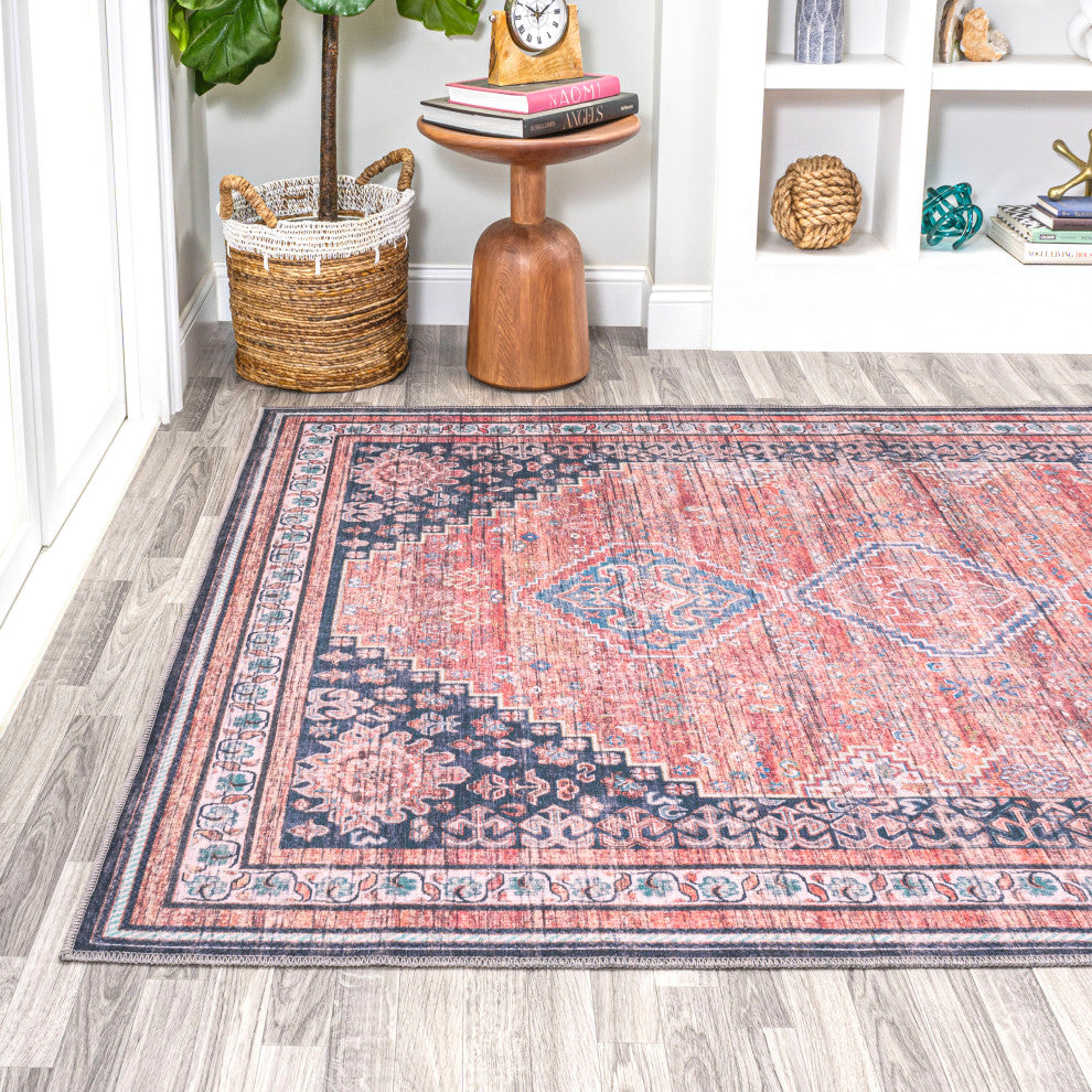 Dalyan Geometric Medallions Machine Washable Indoor Area Rug, Terra/Navy, 5 X 8
