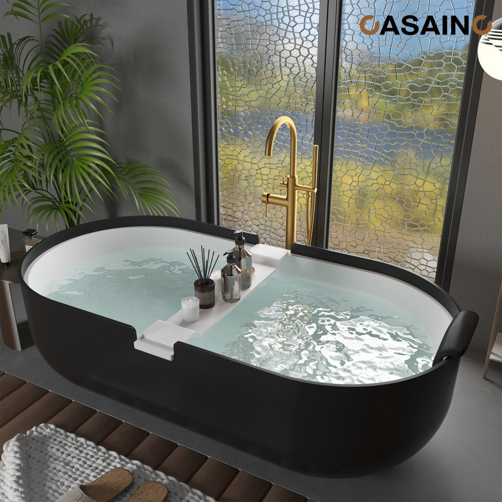 67in White Solid Surface Freestanding Soaking Bathtub with Drain, 71in