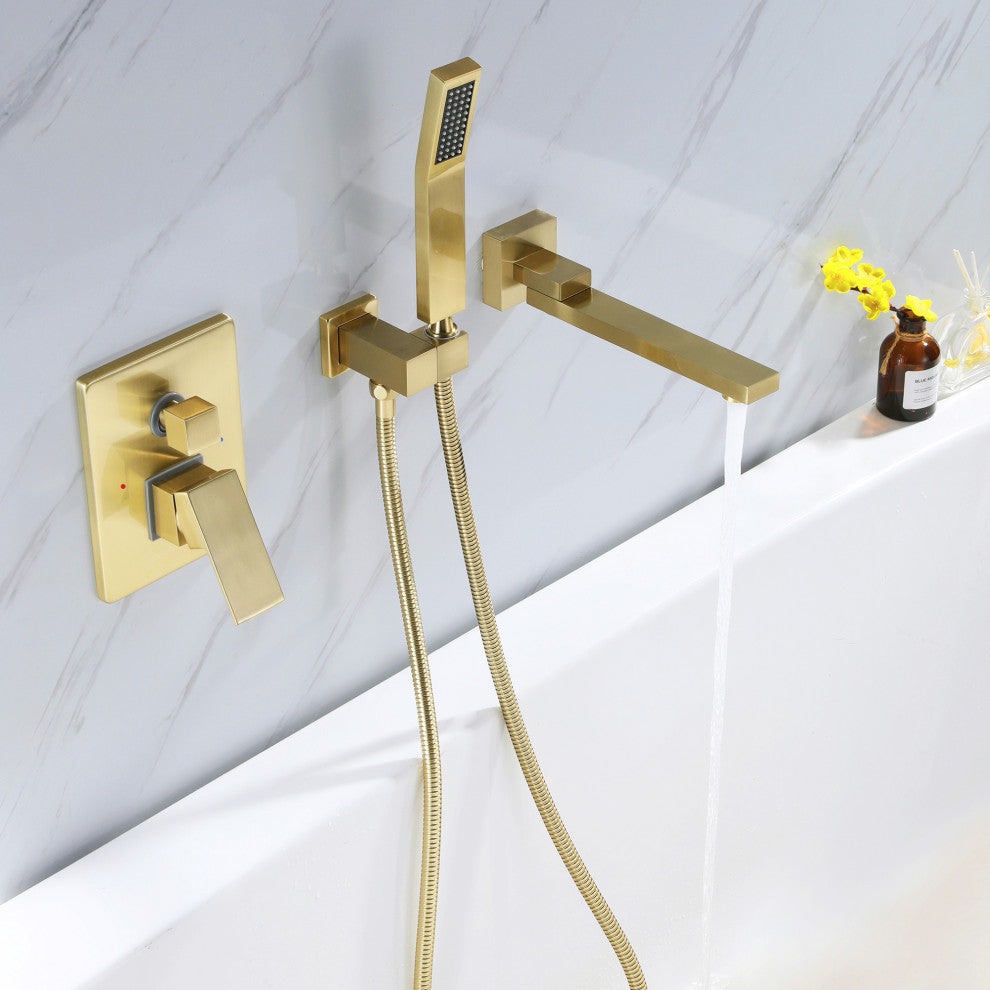 Wall Mounted Roman Bathtub Faucet With Brass Handheld Shower, Brushed Gold