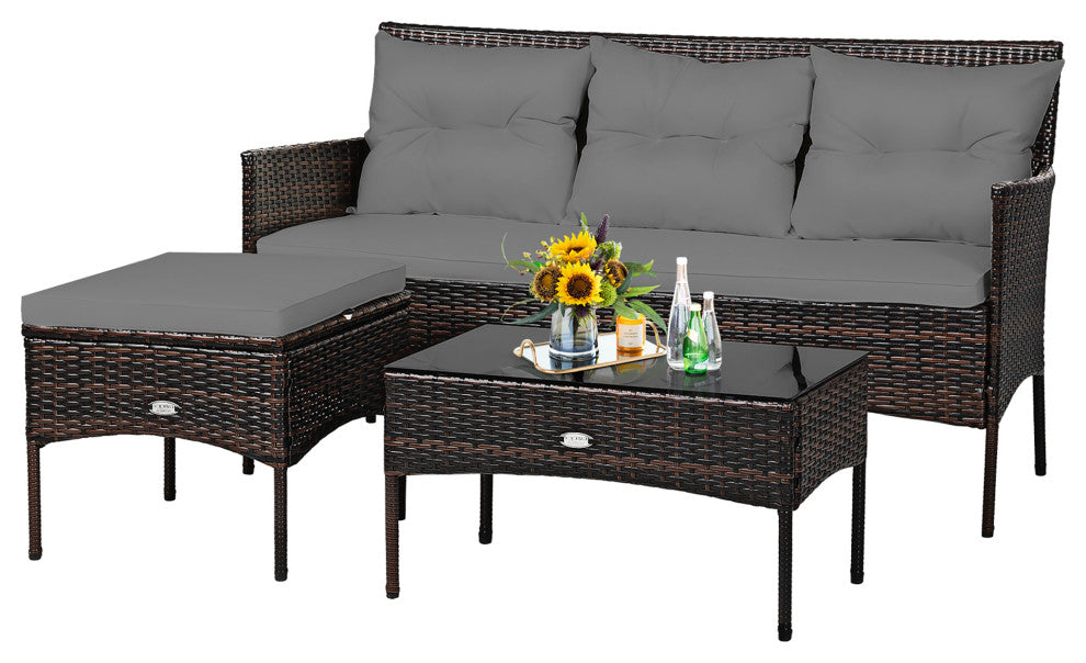 Costway 3PCS Patio Rattan Furniture Set 3-Seat Sofa Cushioned Table Garden Gray
