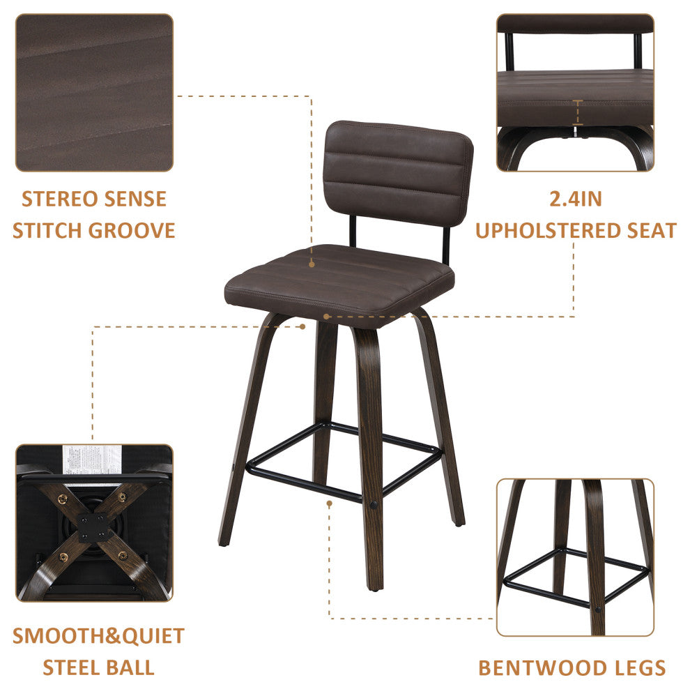 Swivel Bar Stool Leather Bar Stool, Wood Legs, Counter Height, Pu, Set of 2, Brown, 26"