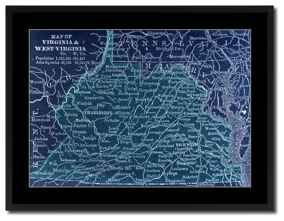 Virginia West Virginia Vintage Vivid Color Map Canvas, 28"x37"