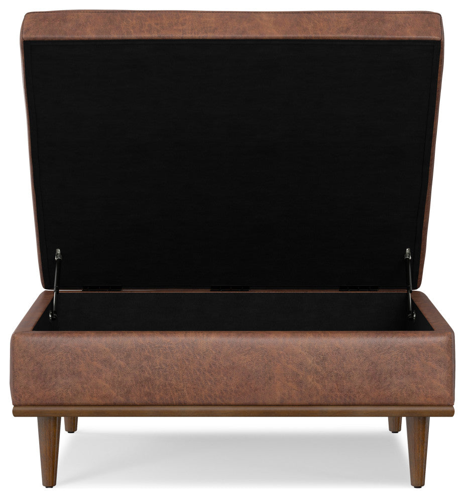 Shiloh Square Storage Ottoman, Distressed Saddle Brown Vegan Faux Leather