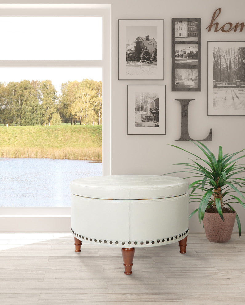 Alloway Faux Leather Storage Ottoman With Antique Bronze Nailheads, Cream
