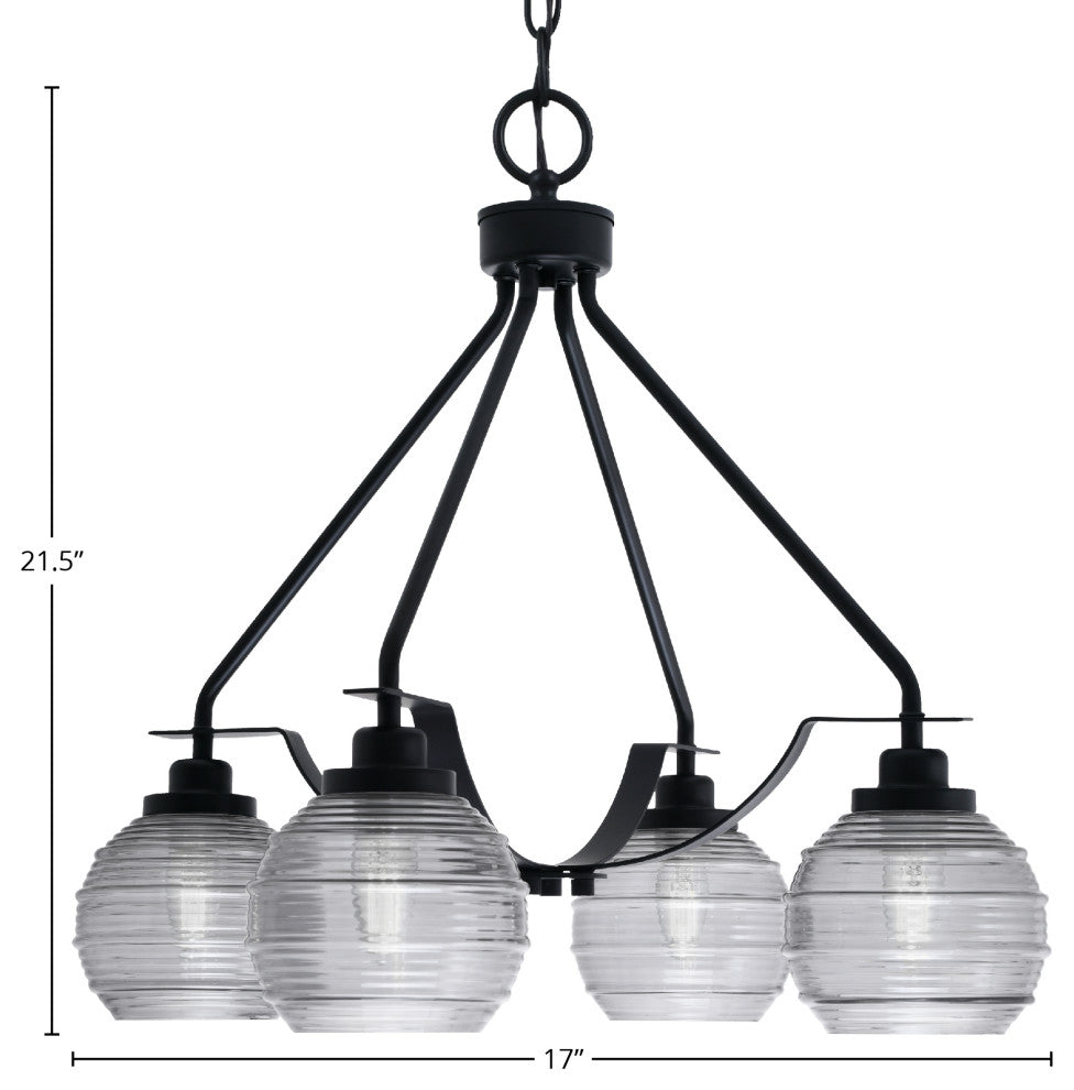 Odyssey 4 Light, Chandelier In Matte Black Finish With 6" Smoke Ribbed Glass