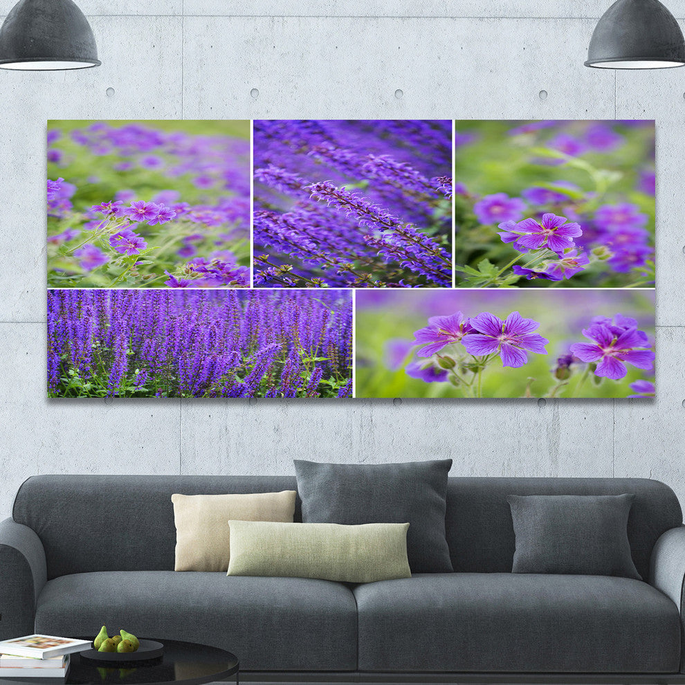 Blue Spring Flowers Collage, Large Floral Canvas Art Print, 60"x28"