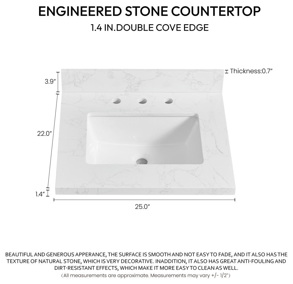 Jaen Composite Stone Vanity Top With Ceramic Sink, Grain White, 25"
