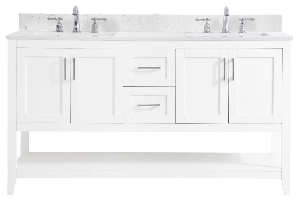 Elegant VF16060DWH-BS 60"Double Bathroom Vanity, White With Backsplash