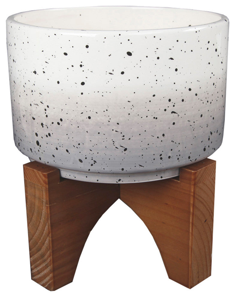 7" Grey Ombre W Specks Ceramic Pot On Wood Stand