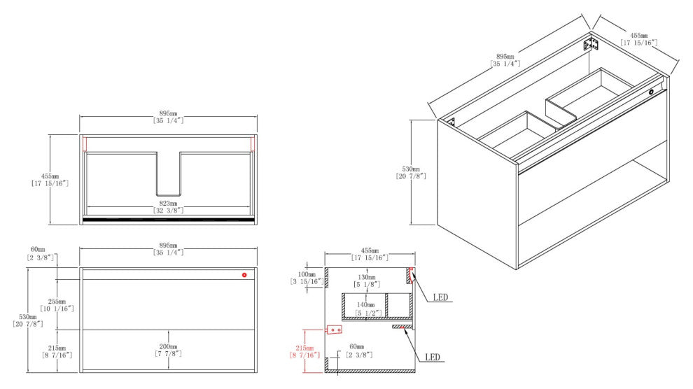 Wall Mounted Bathroom Vanity and Sink, Classic Oak, 36'' Ceramic Black