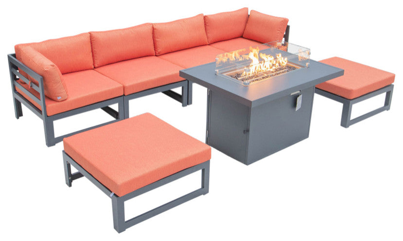 LeisureMod Chelsea 7-Piece Outdoor Sectional With Fire Pit Table, Orange