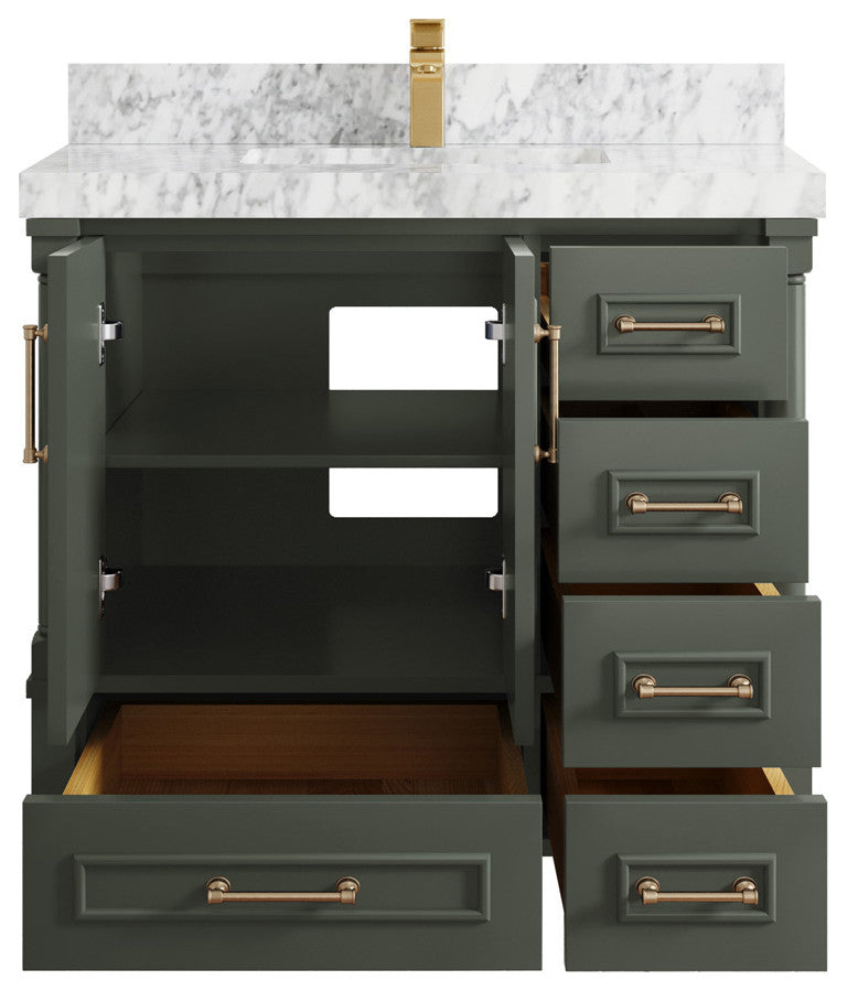 Aberdeen 36 Center Sink Bath Vanity in Pewter Green 2" Carrara Marble