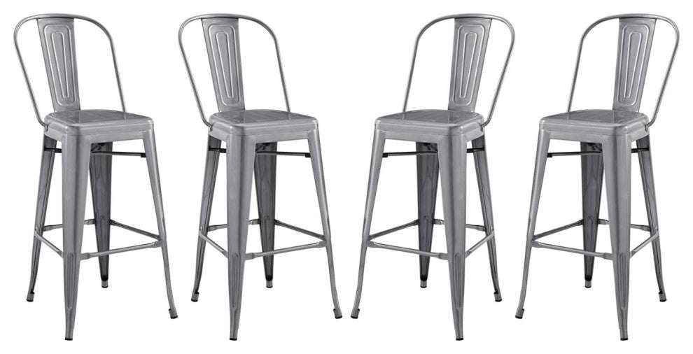Bar Stool Chair Barstool, Set of 4, Metal, Gunmetal Silver, Modern, Bar Pub