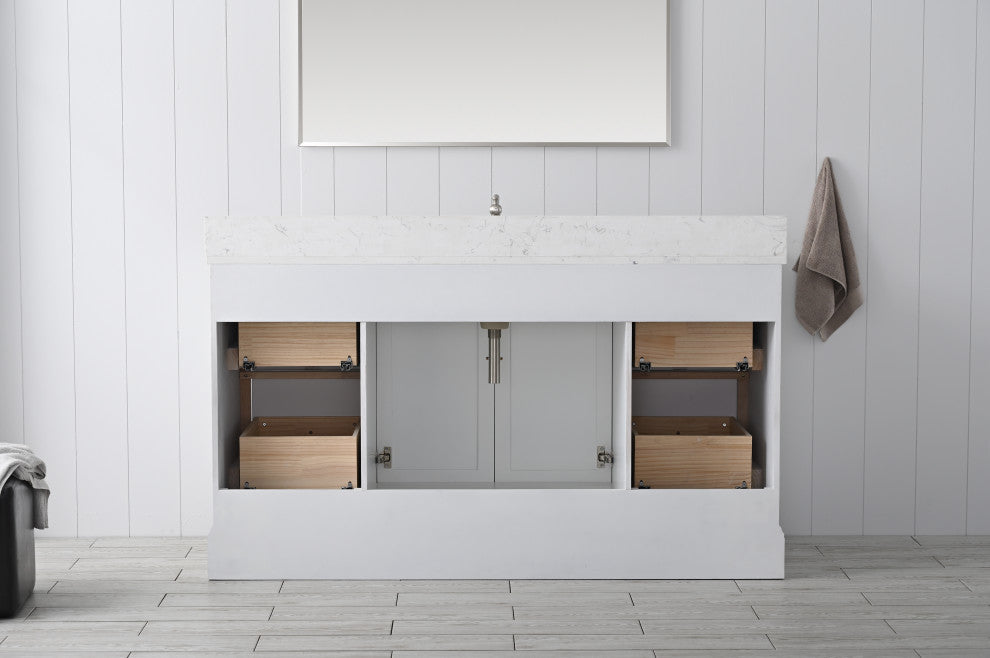 Vanity Art Bathroom Vanity With Sink & Top, White, 60", Engineered Marble