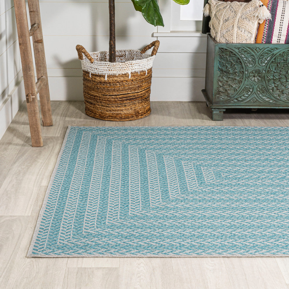 Chevron Modern Concentric Squares Indoor/Outdoor Area Rug, Aqua/Light Gray, 4x6