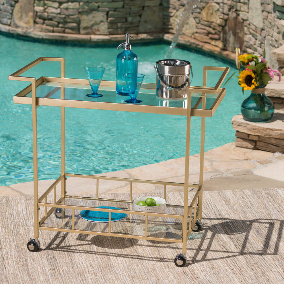 GDF Studio Fern Outdoor Industrial Iron and Glass Bar Cart, Gold