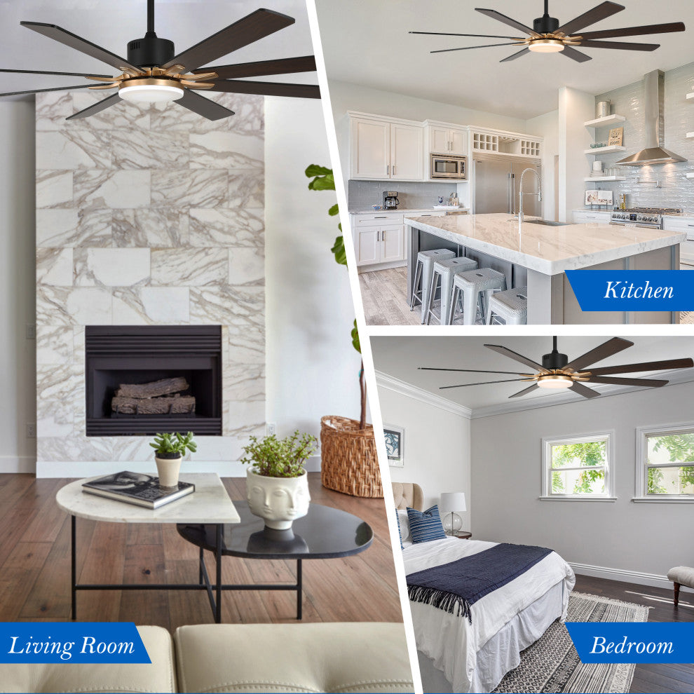 Large 72" Modern 8 Wood Blades Ceiling Fan w Dimmable LED Light Kit , Black