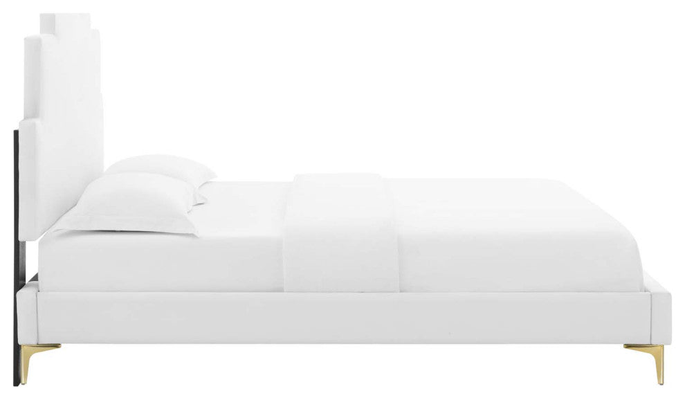 Platform Bed Frame, King Size, Velvet, White, Modern Contemporary, Bedroom