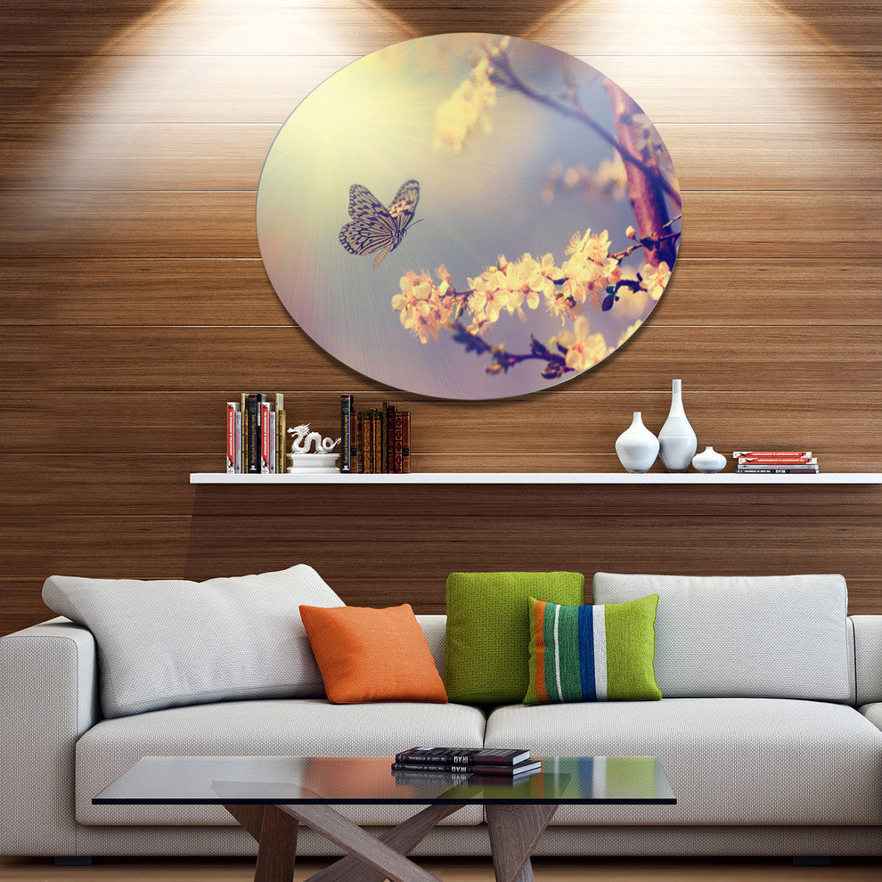 Vintage Butterfly And Cherry Tree, Modern Flower Round Wall Art, 11"