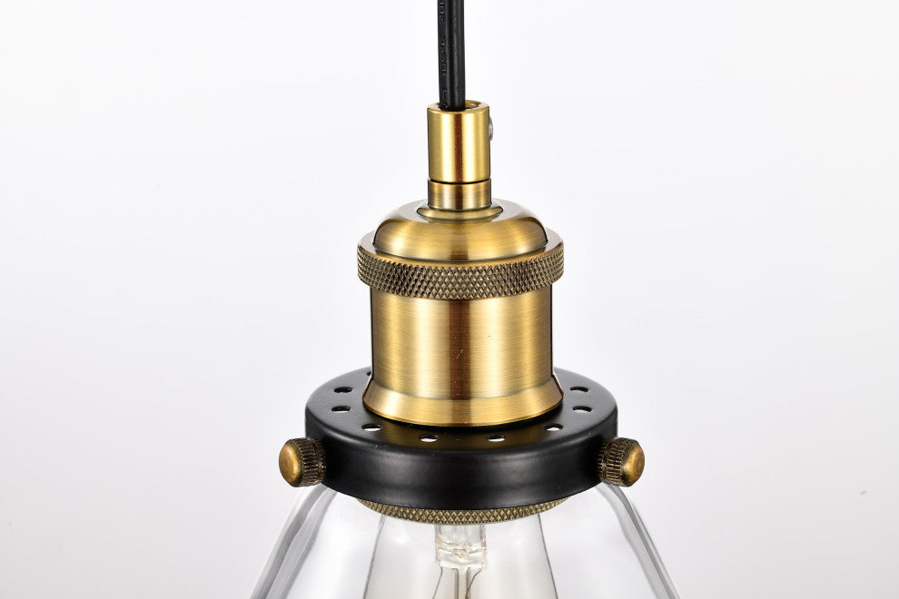 1-Light Black and Antique Brass Mini Pendant Light With Clear Glass Shade