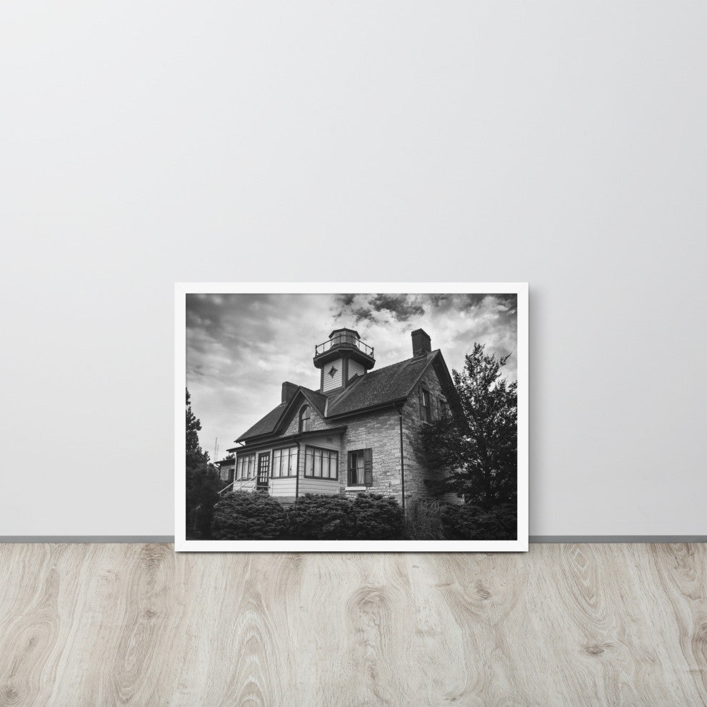 Cedar Point Lighthouse in Black and White Framed Photo Paper Wall Art Prints, White, 18" X 24"
