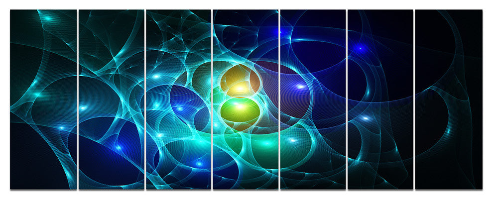 Blue Glowing Bubbles Time, Abstract Wall Art Canvas, 83"x32", 7 Panels