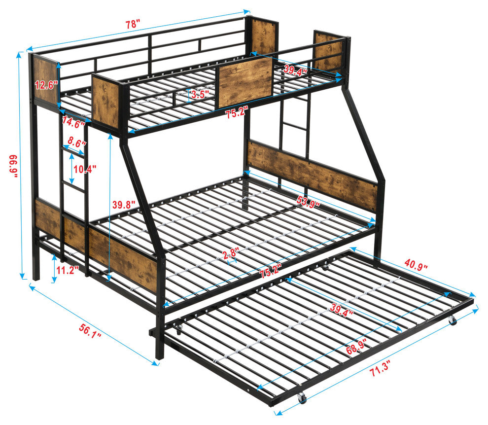 Gewnee Twin Over FULL Metal Bunk Bed with Trundle