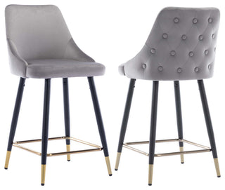 Set of 2 Button Tufted Velvet Bar Counter Stools, Grey, 24''