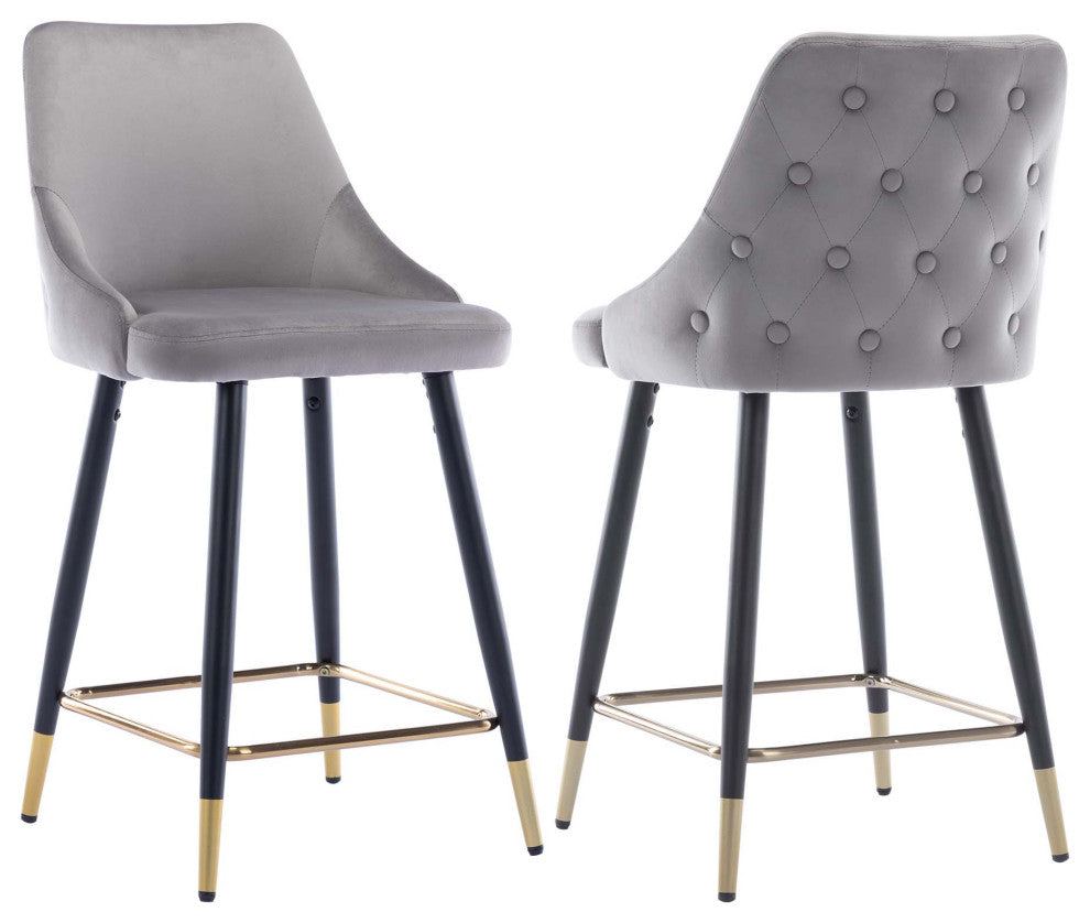 Set of 2 Button Tufted Velvet Bar Counter Stools, Grey, 24''