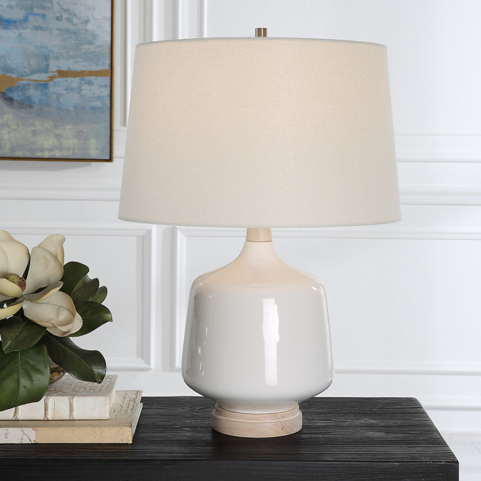 High Gloss White Ceramic Table Lamp 25 in Coastal Farmhouse Casual Wood Organic