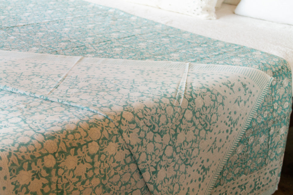 Oleander Aqua Block Print Cotton Coverlet